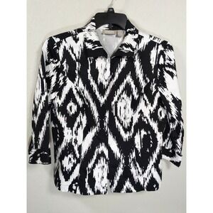 Chicos Black & White Jacket Sz 1 Medium Hidden‎ Hook Eye Closure Pockets 3/4 Sle